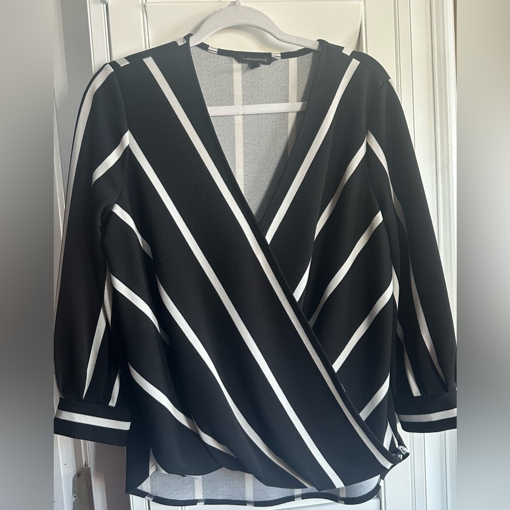 Banana Republic Black White Striped Draped Wrap Front Top